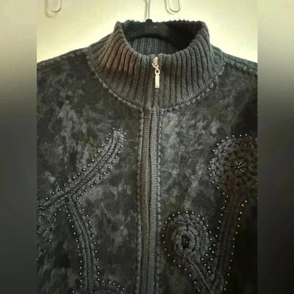VTG Embroidered Beaded Wool Suede Fitted  Zip Up Jacket Sweater Grannycore Fun - Picture 3 of 16
